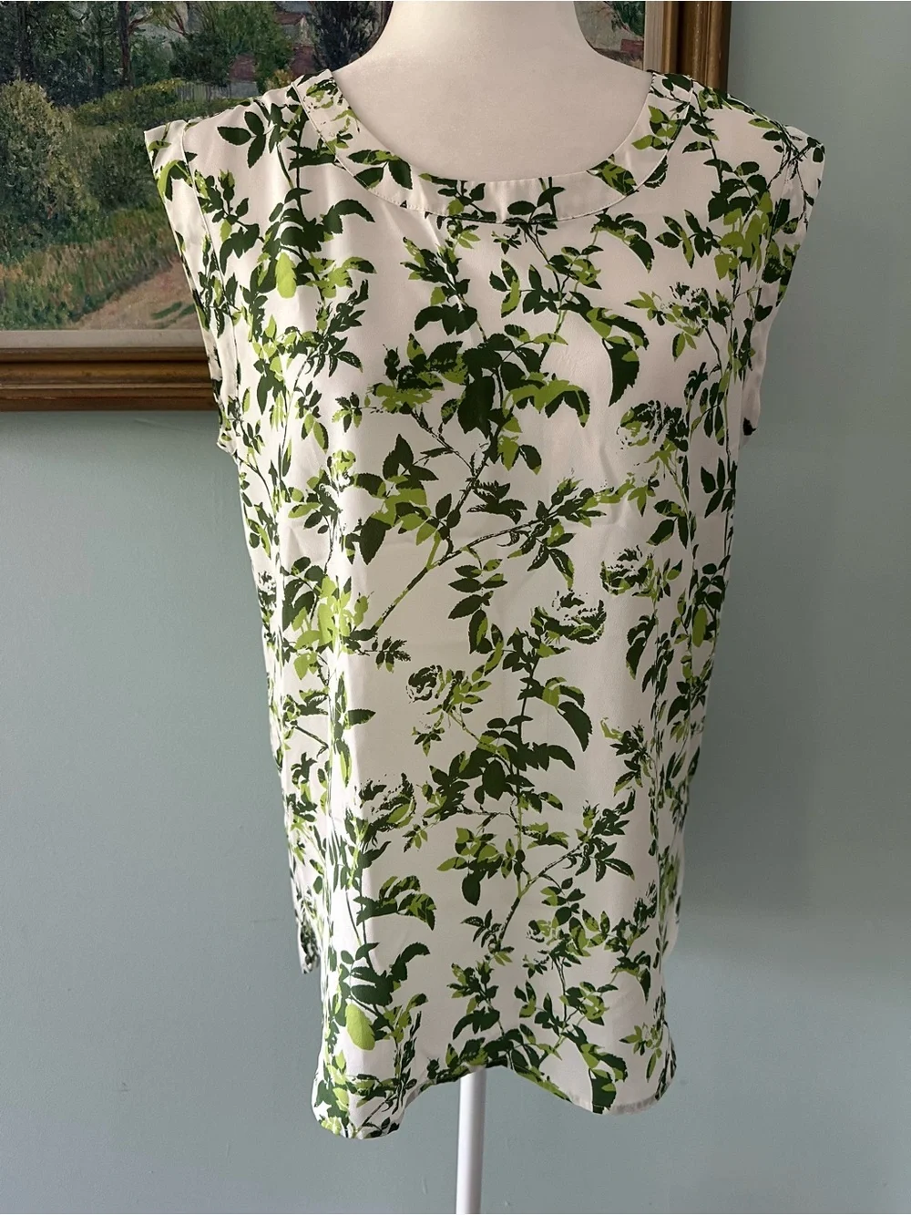 J. Crew White Sleeveless Top with Green Botanical Print